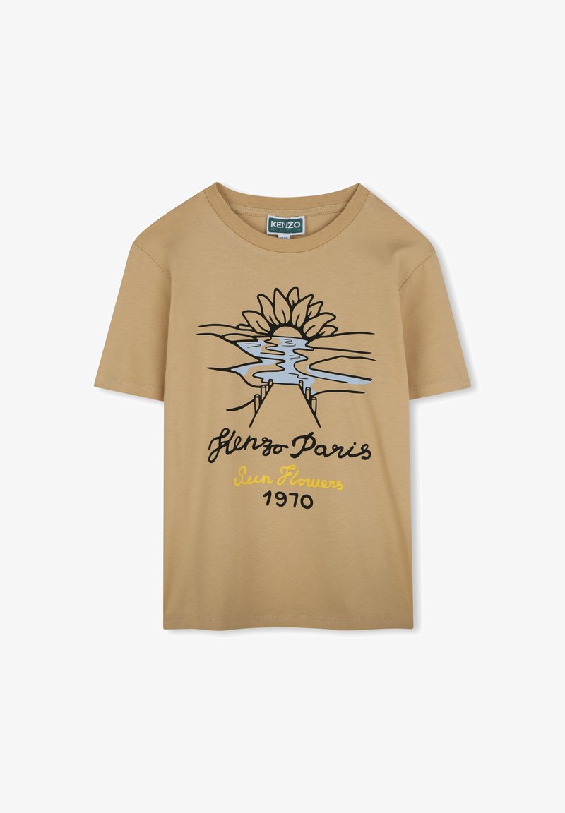 Beige t-shirt gemaakt van katoen, met een zwart en blauw grafisch ontwerp van zonnebloemen en de tekst "Kenzo Parijs Zonnebloemen 1970".