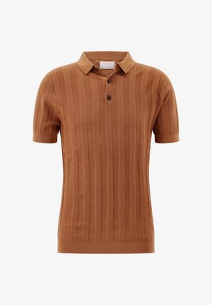 Braunes kurzärmliges Strick-Poloshirt mit strukturierten vertikalen Streifen, einer Knopfleiste mit zwei Knöpfen sowie gerippten Bündchen und Saum.