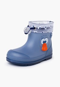 Stivale in gomma blu impermeabile con bordo a pois bianchi, caratterizzato da un design con faccia di papero e dettagli con cordino blu. Sole testurizzato per una migliore presa.