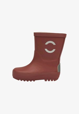 Punane kummine vihmasaabastega, millel on tekstuuriga tallad, ümar kuju ja hall ümmargune logo küljes. Omab ühtlast värvi ja siledat viimistlust.