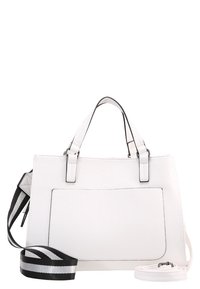 Sac à main blanc texturé avec deux poignées, une poche avant et une bandoulière amovible rayée noire et blanche.