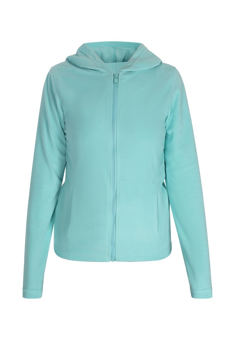 Giacca in pile leggermente teal con zip frontale a tutta lunghezza e cappuccio. Presenta maniche lunghe e una texture liscia senza motivi o dettagli.