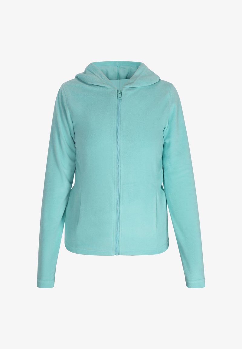 Giacca in pile leggermente teal con zip frontale a tutta lunghezza e cappuccio. Presenta maniche lunghe e una texture liscia senza motivi o dettagli.