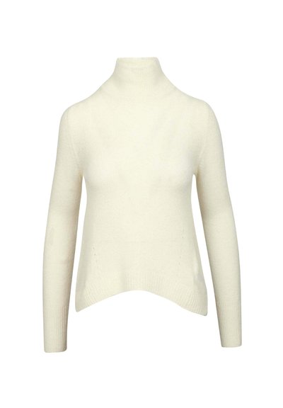 Maglione a collo alto in maglia di colore avorio, con maniche lunghe e orlo leggermente curvo.