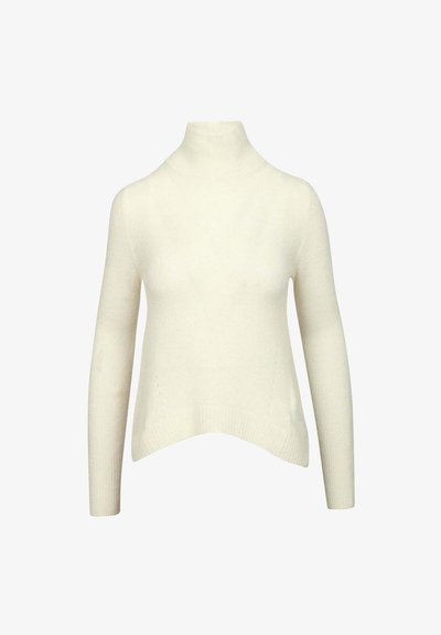Maglione a collo alto in maglia di colore avorio, con maniche lunghe e orlo leggermente curvo.