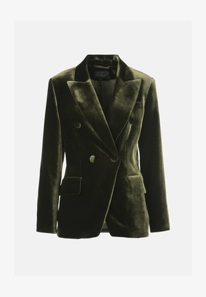 Dubbelgebreid velours blazer in donkergroen. Heeft een sjawlkragen, twee vo zakken en een subtiele glans. Tailored fit met gestructureerd ontwerp.