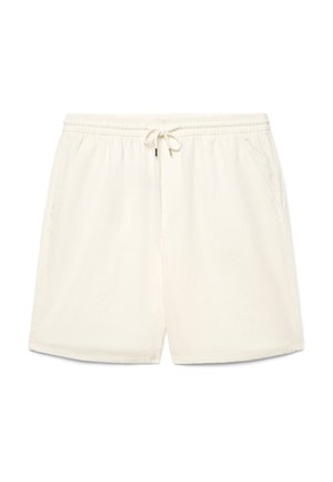 Pantaloncini casual color avorio con vita elasticizzata, coulisse e tasche laterali, posati distesi su uno sfondo bianco.