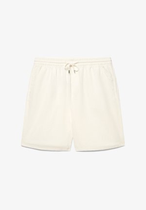 Pantaloncini casual color avorio con vita elasticizzata, coulisse e tasche laterali, posati distesi su uno sfondo bianco.