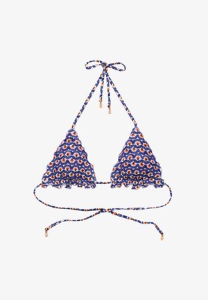 Τοπ μπικίνι σε σχήμα τρίγωνο με σχέδιο σε ναυτικό μπλε, λευκό και πορτοκαλί με λουλούδια, σκαλιστές άκρες και ρυθμιζόμενους δεσίμους με μικρές χρυσές χάντρες.