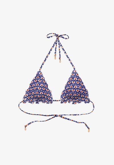 Trekantet bikinioverdel med marineblå, hvitt og oransje blomsterprint, bølgete kanter og justerbare knytebånd med små gullperler.