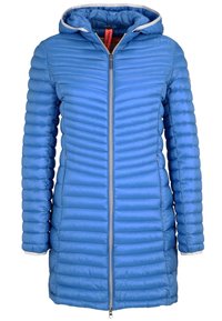 Blå, pufferjacka med huva, med horisontell quiltning, framdragkedja och kontrasterande ljusgrå foder på huvan och ärmsluten.