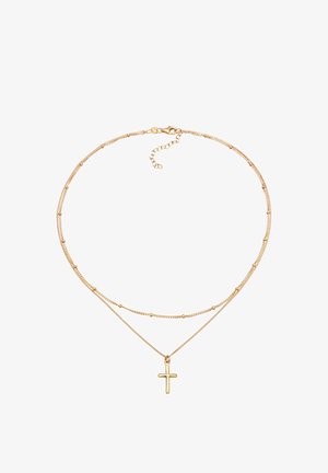 Zlatý náhrdelník s viacerými vrstvami, jemnými retiazkami, malými guľatými korálkami a stredovým príveskom vo forme kríža. Hladký dizajn, lesklý povrch, nastaviteľná spona.