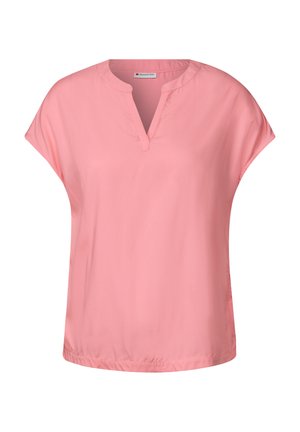 Roze blouse met korte mouwen en een V-hals, gemaakt van soepele stof met een relaxte pasvorm en elastische boord voor comfort. Geen opvallende patronen of accenten.