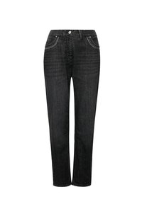 Jeans in denim nero con taglio dritto, cinque tasche e cuciture a contrasto. Presentano una chiusura con bottone metallico e un design classico della vita.