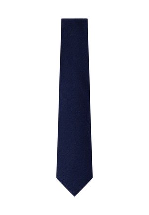 Corbata azul marino de hombre con diseño delgado y recto y punta puntiaguda, mostrada sobre un fondo blanco.