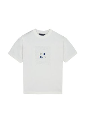 Maglietta bianca a maniche corte con scollo rotondo e un delicato design testurizzato a forma di quadrato con motivi astratti e lettere al centro.