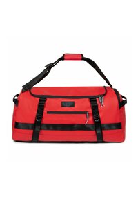 Sac de sport rouge avec des accents noirs, fabriqué en tissu durable. Dispose d'une poignée supérieure, d'une bandoulière réglable et d'une poche zippée à l'avant.