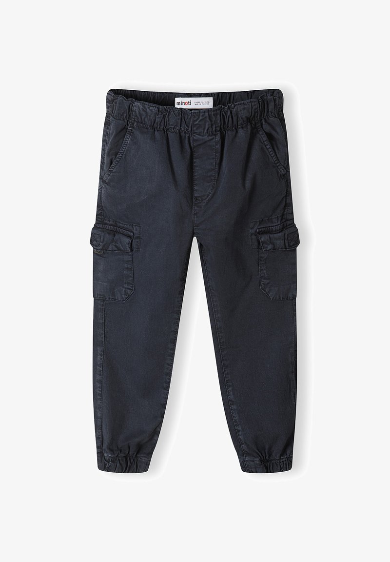 Tmavomodré cargo nohavice s elastickým pásom, ktoré majú dve bočné vrecká a dve cargo vrecká. Vyrobené z ľahkej, odolnej látky.