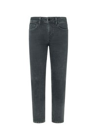 Tumedashallased denim püksid sirge sääre lõikega. Omavad peent tekstuuri, viit taskut ja lukuga vooderdus nupuga kinnitamiseks.