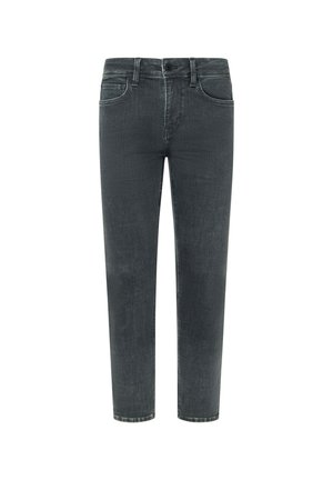 Tumedashallased denim püksid sirge sääre lõikega. Omavad peent tekstuuri, viit taskut ja lukuga vooderdus nupuga kinnitamiseks.