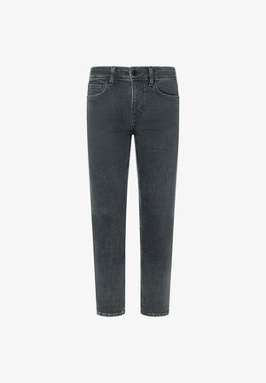 Tumedashallased denim püksid sirge sääre lõikega. Omavad peent tekstuuri, viit taskut ja lukuga vooderdus nupuga kinnitamiseks.