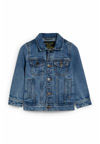 Jeansjacka i ljusblått med klassisk krage, knappstängning framtill, bröstfickor med lock och långa ärmar. Slitage detaljer synliga.