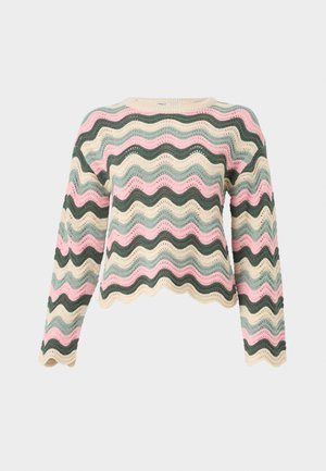 Πλεκτό πουλόβερ με μακριά μανίκια κ αι κυματιστές ρίγες σε ροζ, πράσινο, μπεζ και ανοιχτό μπλε, με στρογγυλή λαιμόκοψη και κυματιστά τελειώματα.
