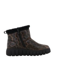 Leopardprint enkelboots met zwarte nepbont afwerking, zijknop en een robuuste zwarte rubberen zool. Gladde afwerking met een onderscheidend patroon.