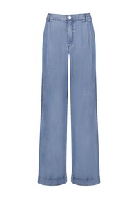 Jasnoniebieskie dżinsy o szerokich nogawkach z zapięciem na guziki i zamek błyskawiczny, szlufkami na pasek i haftowanymi brzegami.