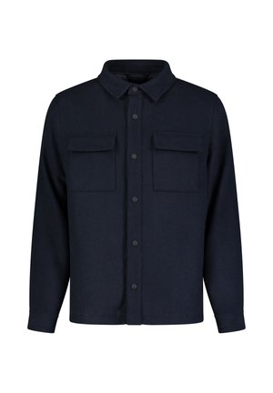 Donkerblauwe button-up shirt gemaakt van een textuurstof, met twee borstzakken en een kraag. Lange mouwen en rechte snit.