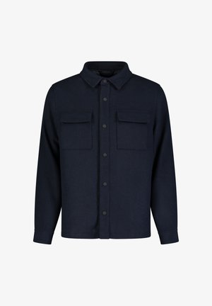 Marineblaues Hemd mit Knöpfen aus einem strukturierten Stoff, ausgestattet mit zwei Brusttaschen und einem Kragen. Lange Ärmel und gerader Schnitt.