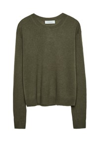 Zelený svetr vyrobený z měkké látky, s kulatým výstřihem, dlouhými rukávy a volným střihem, s žebrovanými manžetami a lemem.