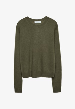 Grüner Pullover aus weichem Stoff, mit Rundhalsausschnitt, langen Ärmeln und einem lockeren Schnitt mit gerippten Bündchen und Saum.