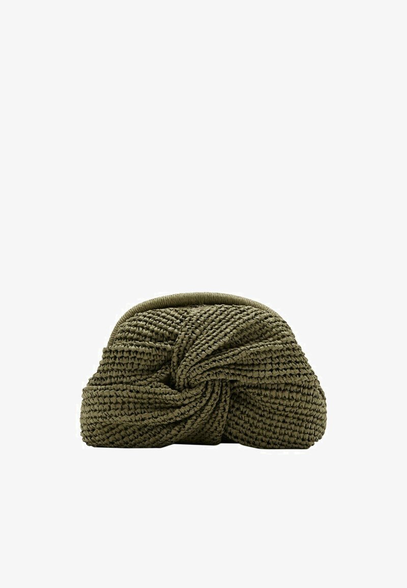 Pochette tissée vert olive avec un motif de nœud torsadé au centre, exposée sur fond blanc.