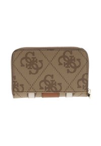 Cartera beige con patrón de logo, tela texturizada, cierre de cremallera y acento de cuero marrón. Presenta tres secciones blancas en la parte inferior.