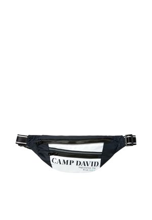 Black and white fanny pack with zippers, featuring "CAMP DAVID" logo on a white panel, made of durable synthetic material with adjustable strap.