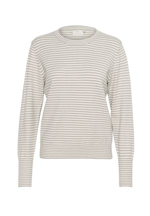 Pull en tricot gris clair avec des rayures blanches alternées, col rond, manches longues, et bords-côtes aux poignets et à l'ourlet. Texture douce et design décontracté.