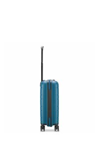 Valigia rigida blu con superficie testurizzata, manico retrattile, quattro ruote e una zip nera a contrasto lungo il lato.