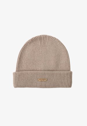 Knit beige beanie with a ribbed texture, featuring a folded cuff and a small leather label reading "BELLEMERE NEW YORK."