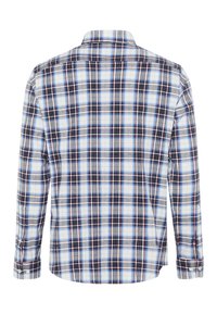 Herrenlangarmshirt, Rückansicht. Baumwollstoff mit einem blau-schwarz-roten Karomuster. Klassischer Kragen und mit Knöpfen versehene Manschetten.