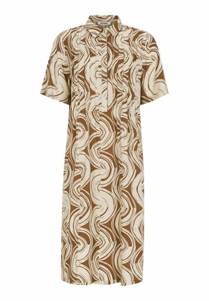 Bruine en beige midi-jurk met korte mouwen, abstract golvend patroon, hoge kraag en knoopsluiting aan de voorkant.
