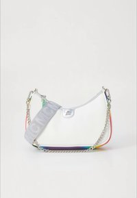 White handbag with a silver clasp, featuring a chain strap and a colorful gradient bottom. Soft material with a smooth finish.
