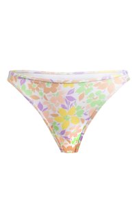 Blomstrande bikiniunderdel med ribbad textur, huvudsakligen vit med pastellorange, gul, grön och lila blommönster.