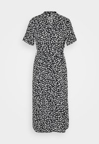 Svart klänning med korta ärmar, vitt blommönster, midjebälte, knappstängning fram och knälång design. Slät tygtextur.