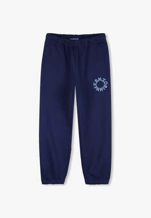Dunkelblaue Sweatpants mit elastischem Bund, auf dem linken Oberschenkel ein weißes "KENZO PARIS"-Logo in kreisförmigem Design.