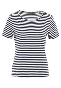 Marinblå och vit randig t-shirt med korta ärmar och rund halsringning, tillverkad av ett mjukt material, med en avslappnad passform och sidoklyftor.