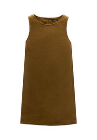Brązowa sukienka bez rękawów z teksturowanej, prążkowanej tkaniny. Prosty krój, długość do kolan, z ukrytym zamkiem błyskawicznym z tyłu.