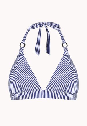 Top bikini a fascia a righe bianche e blu con collo allacciato regolabile e fascia sotto il busto su sfondo semplice.