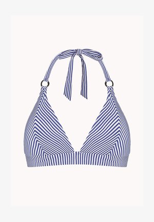 Top bikini a fascia a righe bianche e blu con collo allacciato regolabile e fascia sotto il busto su sfondo semplice.