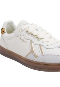 Sneakers bianchi con tomaia in pelle liscia, dettagli dorati e suole beige texturizzate. Presentano un dettaglio in stampa leopardata sul tallone.